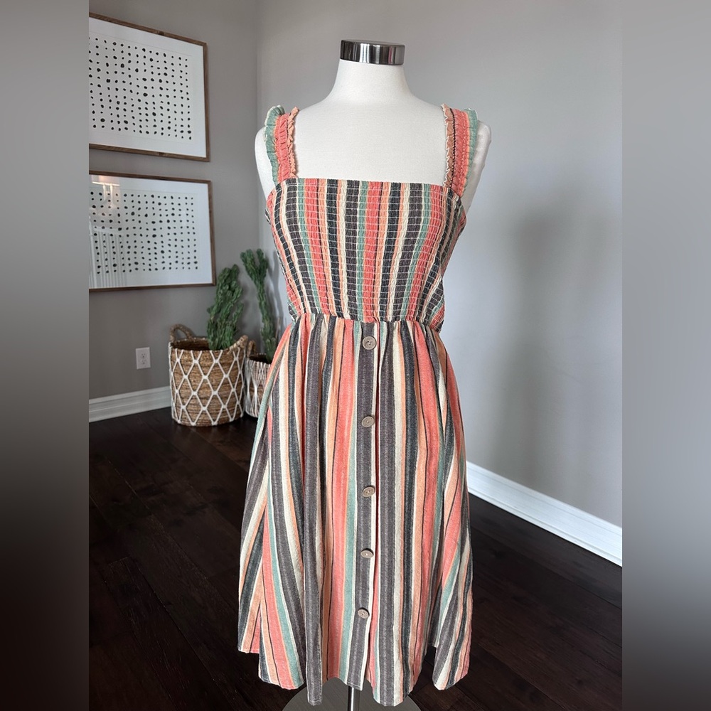 Boutique x Royal & Reese Cotton Smocked Midi Striped Dress Large - Picture 1 of 9
